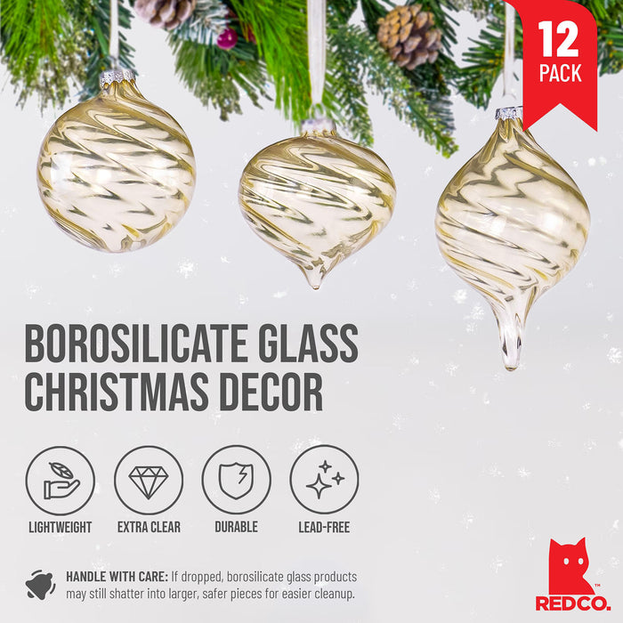Red Co. Set of 12 Assorted 3” to 5” Decorative Champagne Gold Swirl Glass Hanging Christmas Tree Ornaments - Olive, Ball & Onion