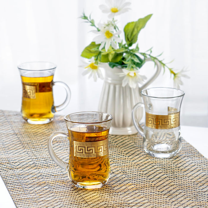 Red Co. Set of 6 Decorated Clear Glass 5 Fl Oz Turkish Tea Cups with Golden Greek Key Pattern and Handle