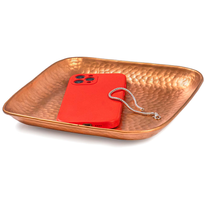 Red Co. 9” x 9” Decorative Square Hammered Metal Centerpiece Serving Tray, Copper
