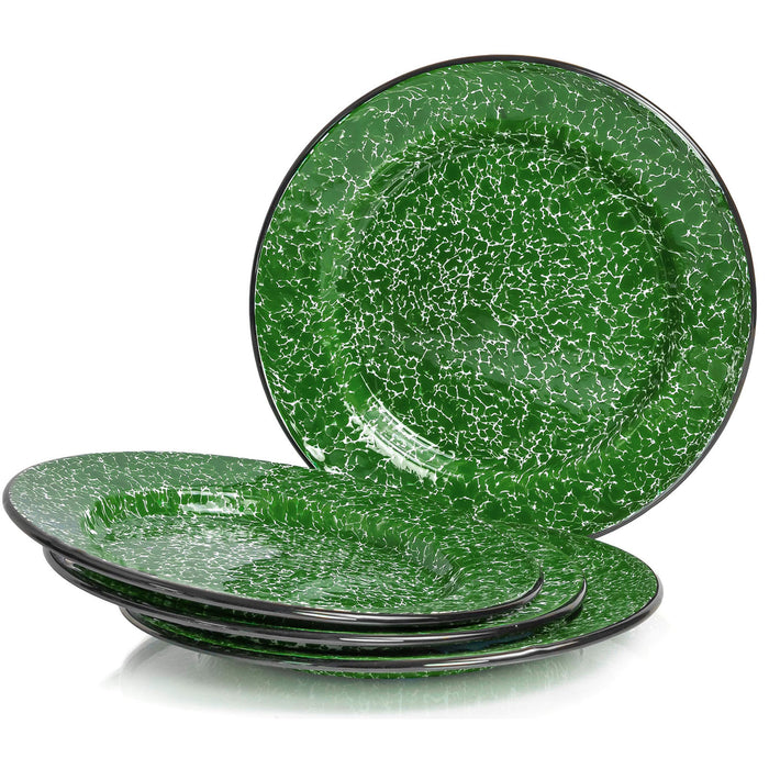 Red Co. Set of 4 Enamelware Metal Classic 10" Round Dinner Plate, Dark Green Marble/Black Rim - Splatter Design