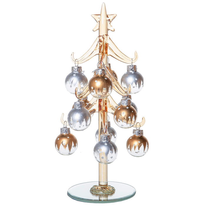 Red Co. 8" Small Glass Tabletop Christmas Tree with Removable Ball Ornaments, Silver & Gold Champagne, Holiday Season Décor