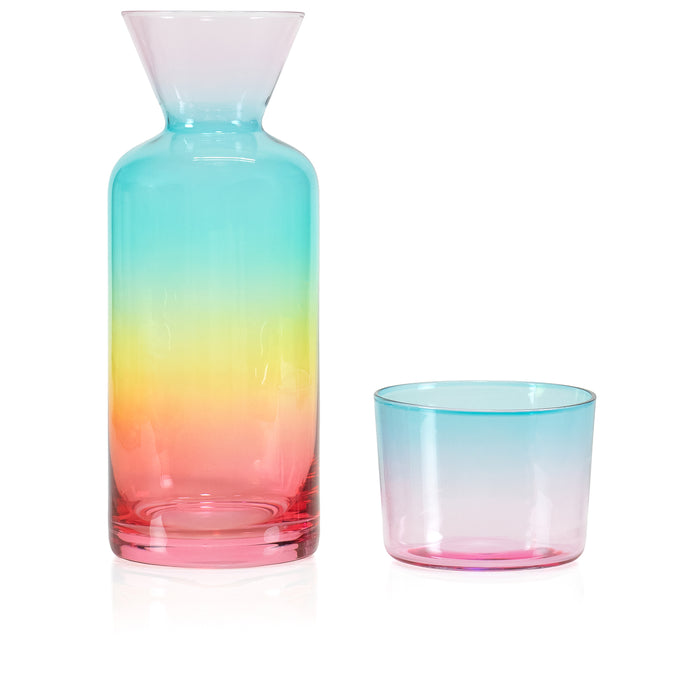 Red Co. Rainbow Sprayed Glass 21 Fl Oz Bedside Water Carafe with Tumbler – 2-Piece Beverage Set