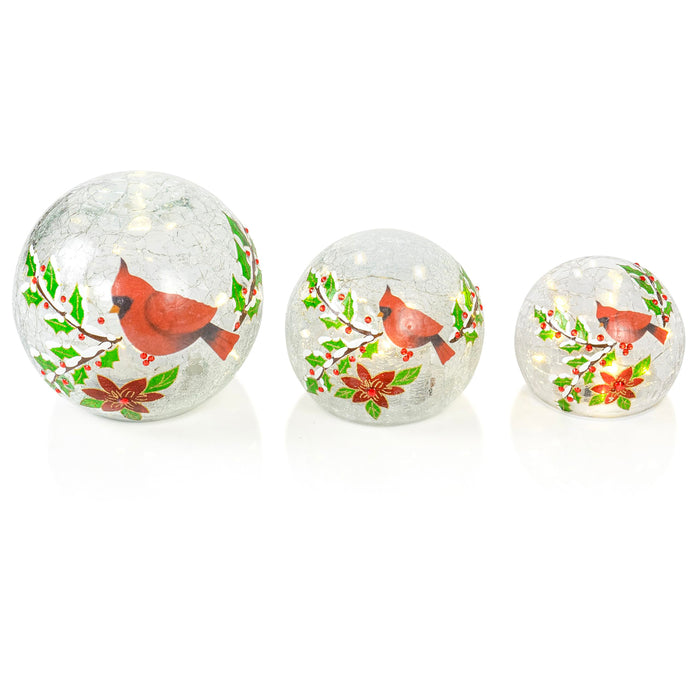 Red Co. Set of 3 (6”, 5”, 4”) Clear Glass Light-Up Decorative Tabletop Christmas Ball Figurine with LED Lights, Cardinal Bird