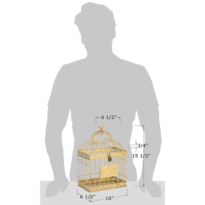 Red Co. 15.5” Tall Rectangular Decorative Lockable Metal Birdcage Wedding Card Holder, Gold