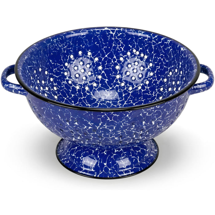 Red Co. Enamelware Metal Classic 10.5 Inch Round Food Strainer Colander with Two Handles, Navy Blue Marble/Black Rim – Splatter Design