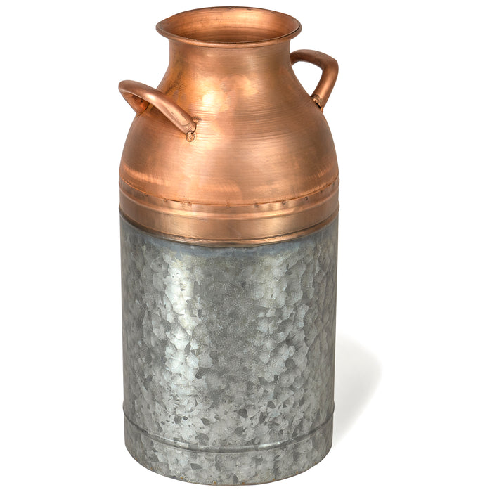 Red Co. 16” Tall Large Decorative Galvanized Metal & Copper Jug Vase with Handles, Distressed Grey/Rose Gold