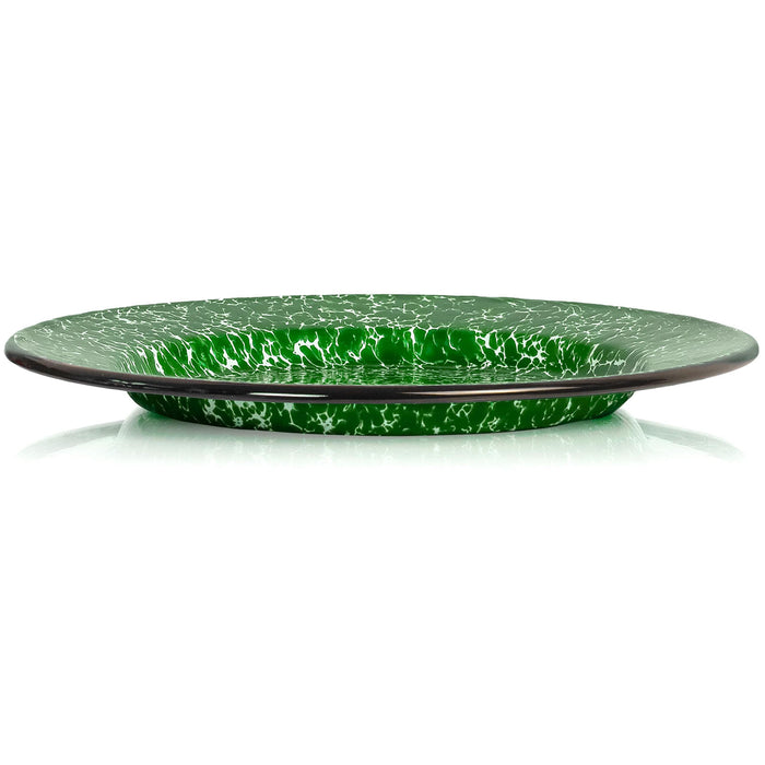 Red Co. Set of 4 Enamelware Metal Classic 10" Round Dinner Plate, Dark Green Marble/Black Rim - Splatter Design