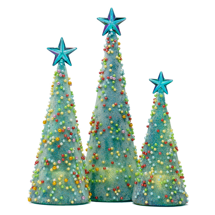 Red Co. 11”, 9.5”, and 8” Glass Christmas Tree Figurine Ornaments with LED Lights, Light-Up Holiday Season Décor – Iridescent Pearls – Set of 3 Sizes