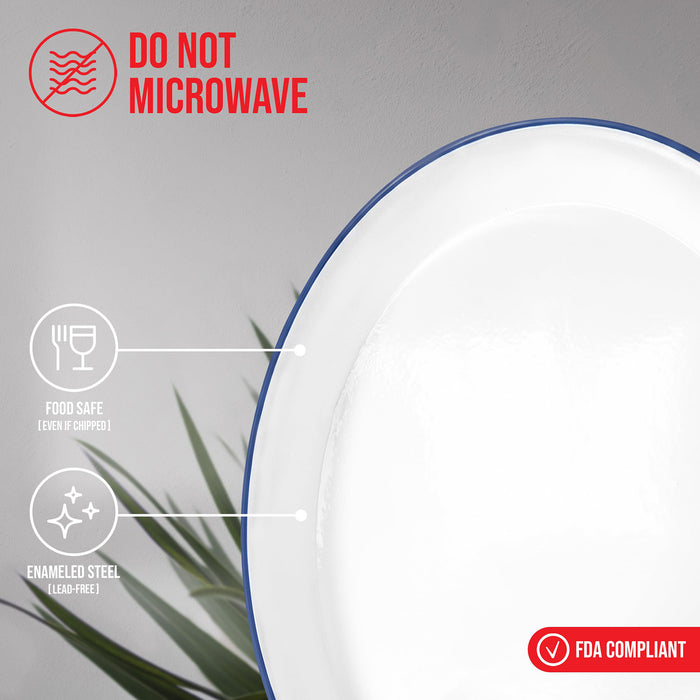 Red Co. Oven Safe Enamelware Metal Classic 16.5” Serving Oval Tray Platter, Solid White/Navy Blue Rim