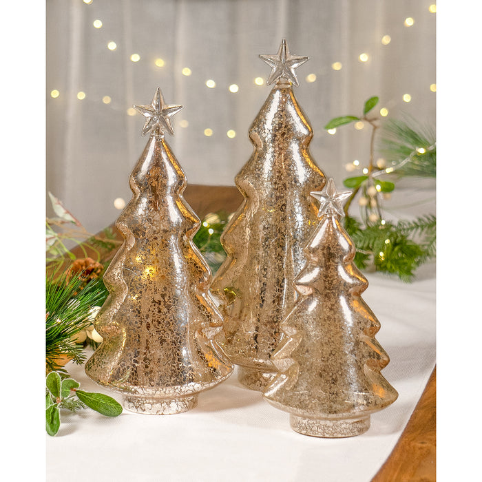 Red Co. 8.5”, 11”, 12.5” Light-Up Clear Glass Christmas Tree Tabletop Display Figurine Set of 3 Sizes, Mercury Gold
