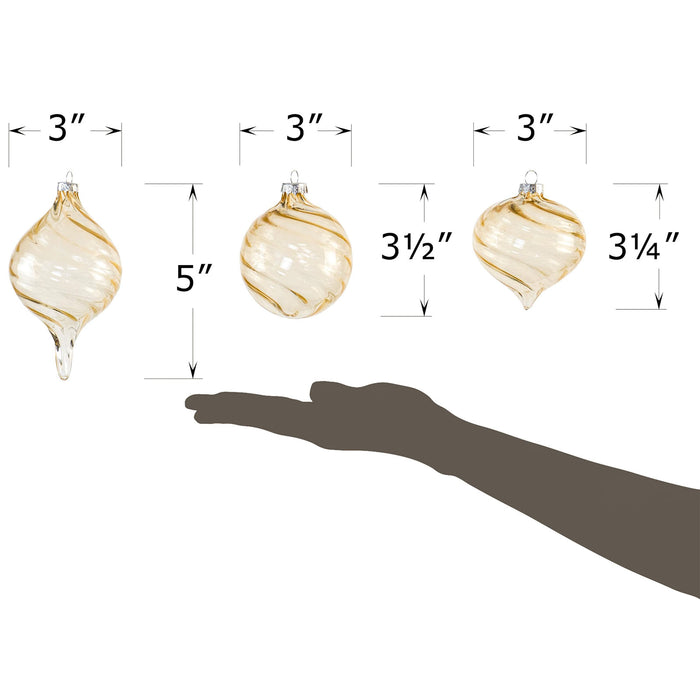 Red Co. Set of 12 Assorted 3” to 5” Decorative Champagne Gold Swirl Glass Hanging Christmas Tree Ornaments - Olive, Ball & Onion