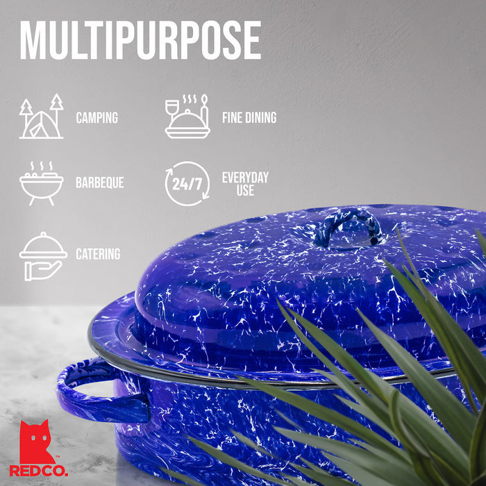 Red Co. Enamelware Metal Classic 3.6 Quart 12" Roasting Pan with Dome Lid, Navy Blue Marble/Black Rim - Splatter Design