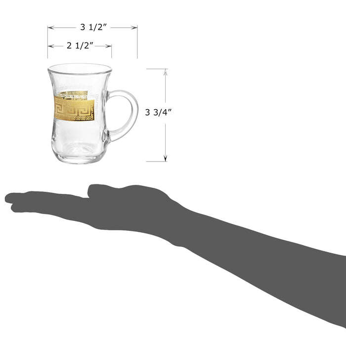 Red Co. Set of 6 Decorated Clear Glass 5 Fl Oz Turkish Tea Cups with Golden Greek Key Pattern and Handle