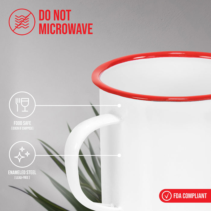 Red Co. Set of 4 Enamelware Metal Large Classic 22 Oz Round Coffee and Tea Mug with Handle, Solid White/Red Rim