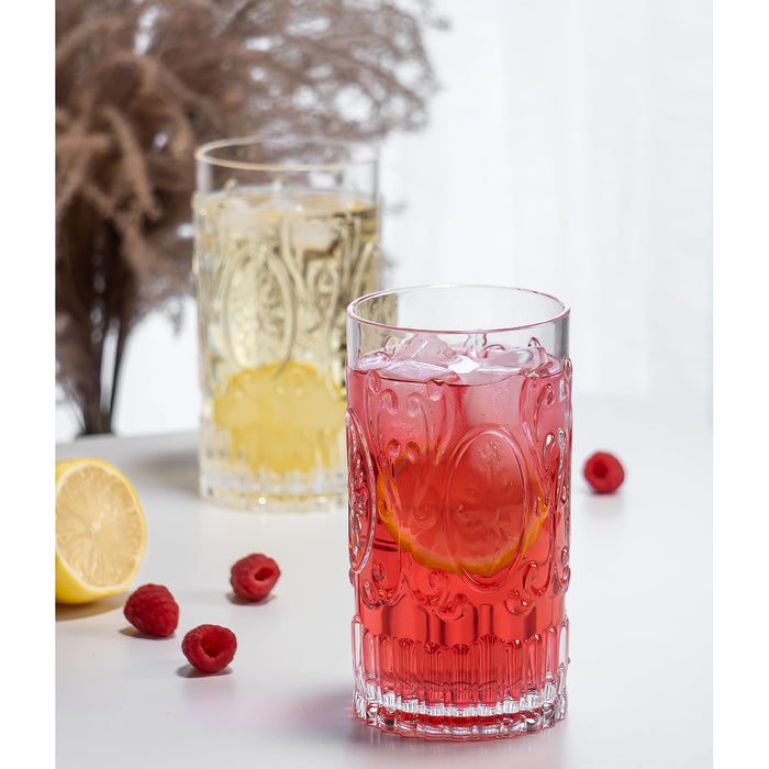 Red Co. Set of 4 Unbreakable Reusable Acrylic Vintage Embossed 20 Fl Oz Highball Tumblers, Clear