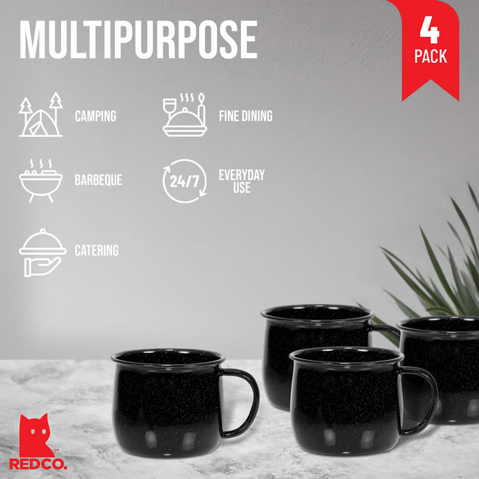 Red Co. Set of 4 Enamelware Metal 12 Oz Round Camping Coffee Mugs with Handle, White-Speckled Black/Black Rim