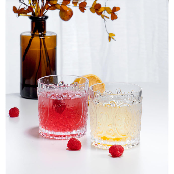 Red Co. Set of 4 Unbreakable Reusable Acrylic Vintage Embossed 14 Fl Oz Lowball Tumblers, Clear