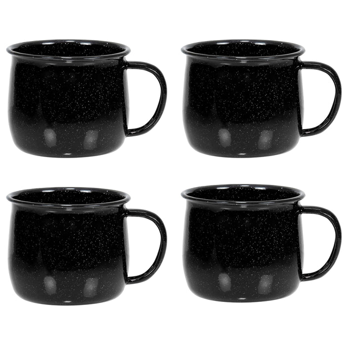 Red Co. Set of 4 Enamelware Metal 12 Oz Round Camping Coffee Mugs with Handle, White-Speckled Black/Black Rim