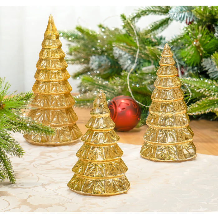 Red Co. 9”, 7.5”, 6” Light-Up Glass Christmas Tree Tabletop Display Figurine Set of 3 Sizes, Mercury Gold