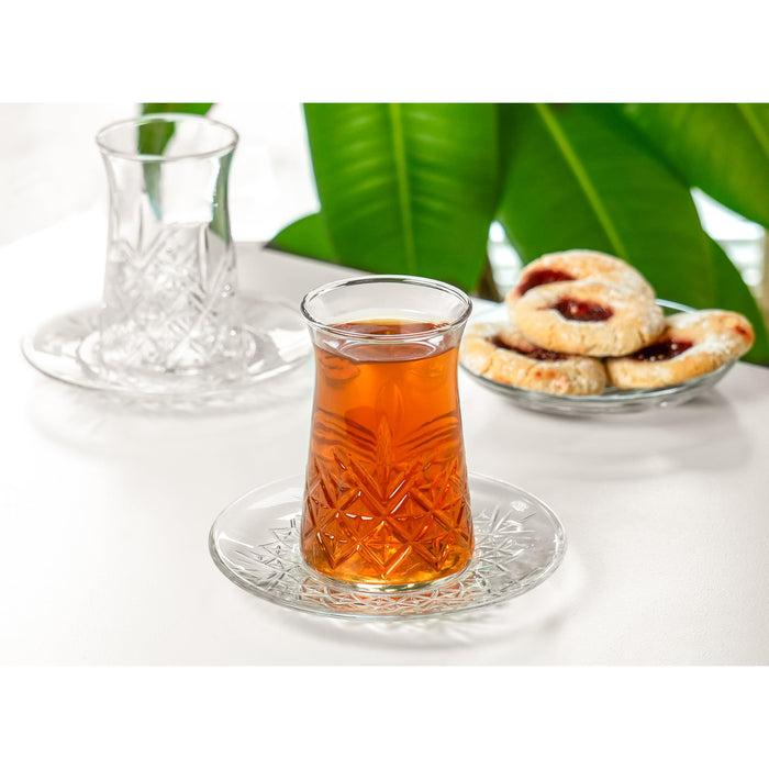 Red Co. Set of 6 Fluted 5.5 Fl Oz Cut Glass Turkish Tea Cups with Saucers, Clear