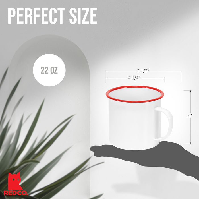 Red Co. Set of 4 Enamelware Metal Large Classic 22 Oz Round Coffee and Tea Mug with Handle, Solid White/Red Rim