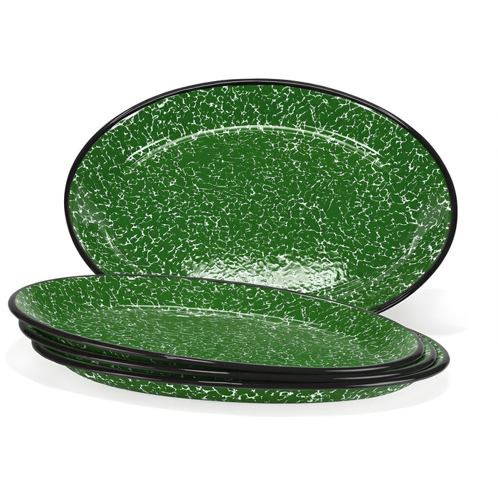 Red Co. Set of 4 Enamelware Metal Classic 13" Serving Oval Tray Platter, Dark Green Marble/Black Rim - Splatter Design