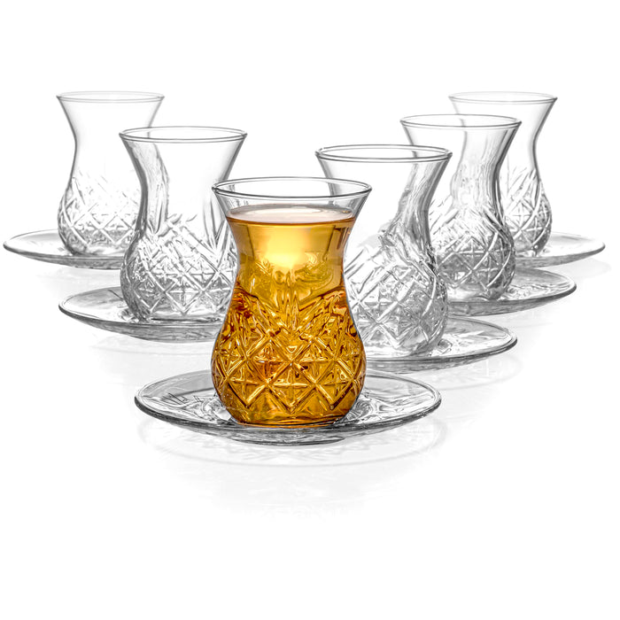 Red Co. Set of 6 Tulip Shaped 6 Fl Oz Cut Glass Turkish Tea Cups with Saucers, Clear