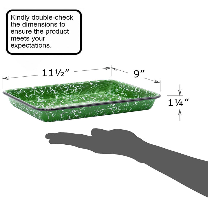 Red Co. 11" x 9" Enamelware Metal Classic 2 Quart Rectangular Serving Tray, Dark Green Marble/Black Rim - Splatter Design