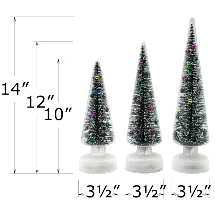 Red Co. Set of 3 (14”, 12”, 10”) Clear Glass Light-Up Decorative Tabletop Christmas Tree Holiday Figurine with LED Lights, Tinsel & Ornaments