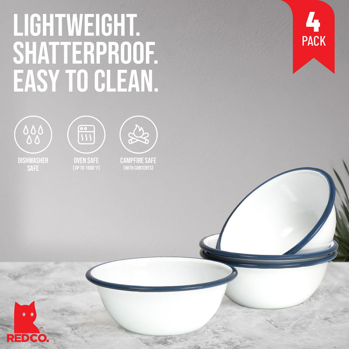 Red Co. Set of 4 Enamelware Metal Classic 20 oz Round Cereal Bowl, Solid White/Color Rim
