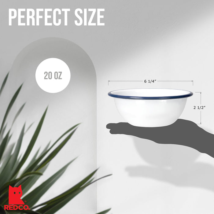 Red Co. Set of 4 Enamelware Metal Classic 20 oz Round Cereal Bowl, Solid White/Color Rim