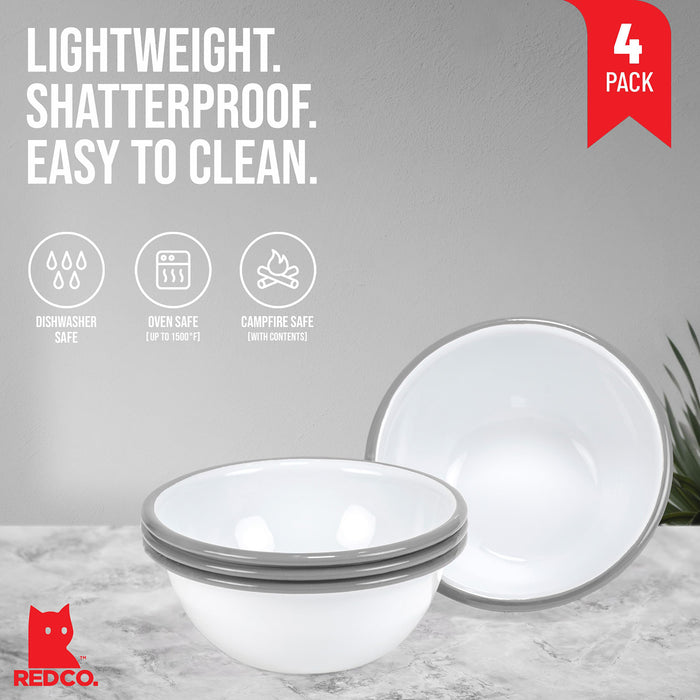 Red Co. Set of 4 Enamelware Metal Classic 20 oz Round Cereal Bowl, Solid White/Color Rim