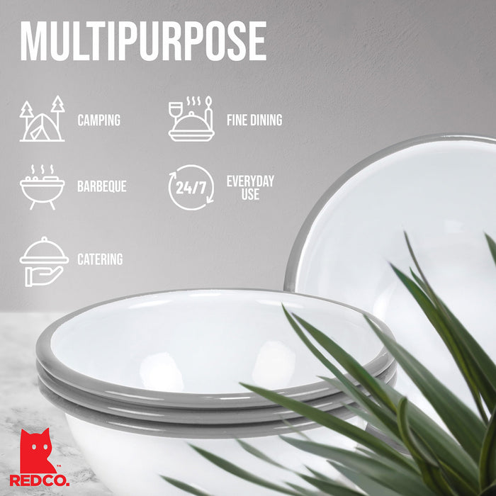 Red Co. Set of 4 Enamelware Metal Classic 20 oz Round Cereal Bowl, Solid White/Color Rim