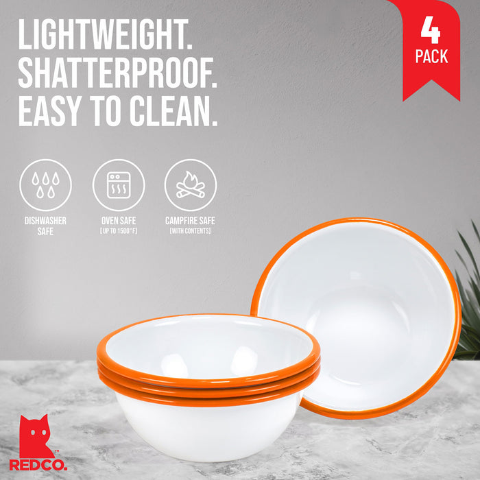 Red Co. Set of 4 Enamelware Metal Classic 20 oz Round Cereal Bowl, Solid White/Color Rim