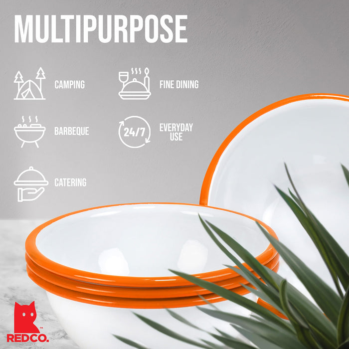 Red Co. Set of 4 Enamelware Metal Classic 20 oz Round Cereal Bowl, Solid White/Color Rim