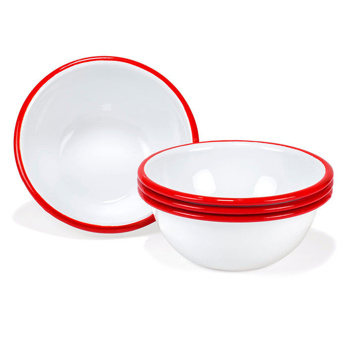Red Co. Set of 4 Enamelware Metal Classic 20 oz Round Cereal Bowl, Solid White/Color Rim