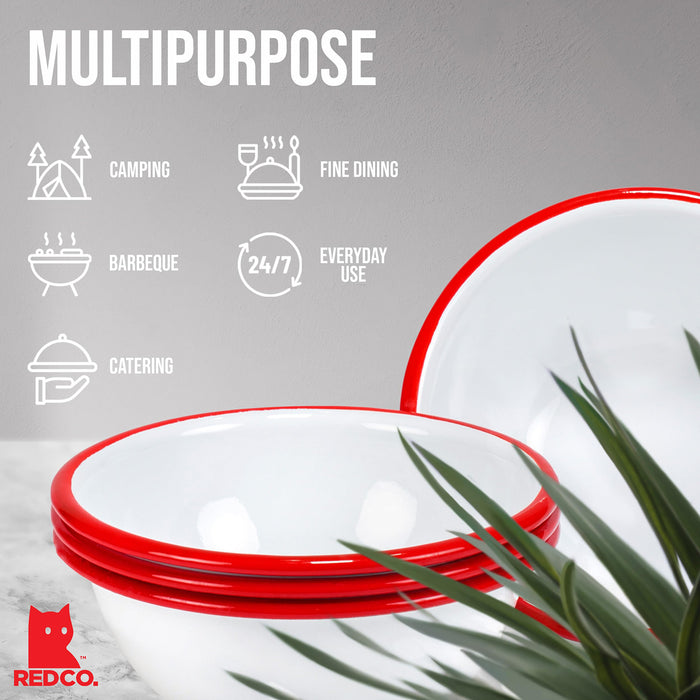 Red Co. Set of 4 Enamelware Metal Classic 20 oz Round Cereal Bowl, Solid White/Color Rim