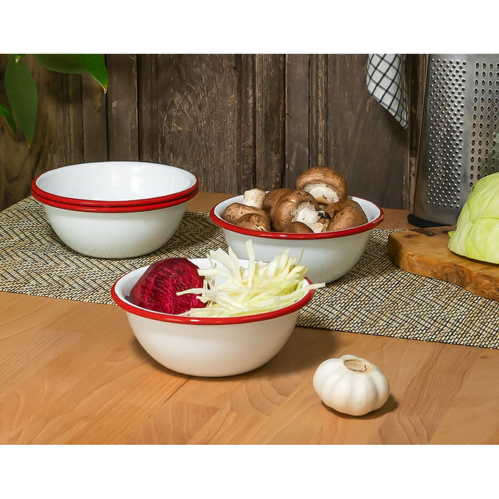 Red Co. Set of 4 Enamelware Metal Classic 20 oz Round Cereal Bowl, Solid White/Color Rim