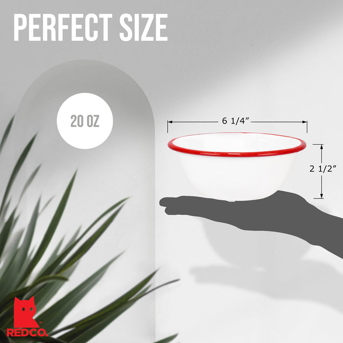 Red Co. Set of 4 Enamelware Metal Classic 20 oz Round Cereal Bowl, Solid White/Color Rim