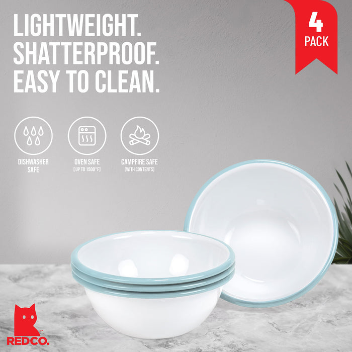 Red Co. Set of 4 Enamelware Metal Classic 20 oz Round Cereal Bowl, Solid White/Color Rim
