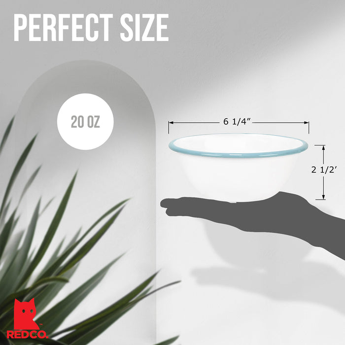 Red Co. Set of 4 Enamelware Metal Classic 20 oz Round Cereal Bowl, Solid White/Color Rim