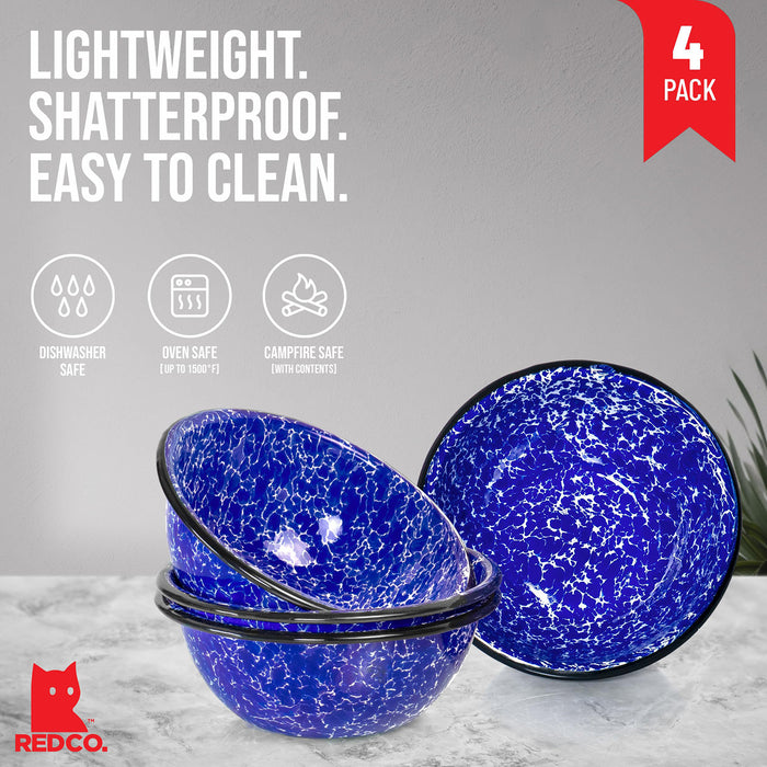 Red Co. Set of 4 Enamelware Metal Classic 20 oz Round Cereal Bowl, Navy Blue Marble/Black Rim - Splatter Design