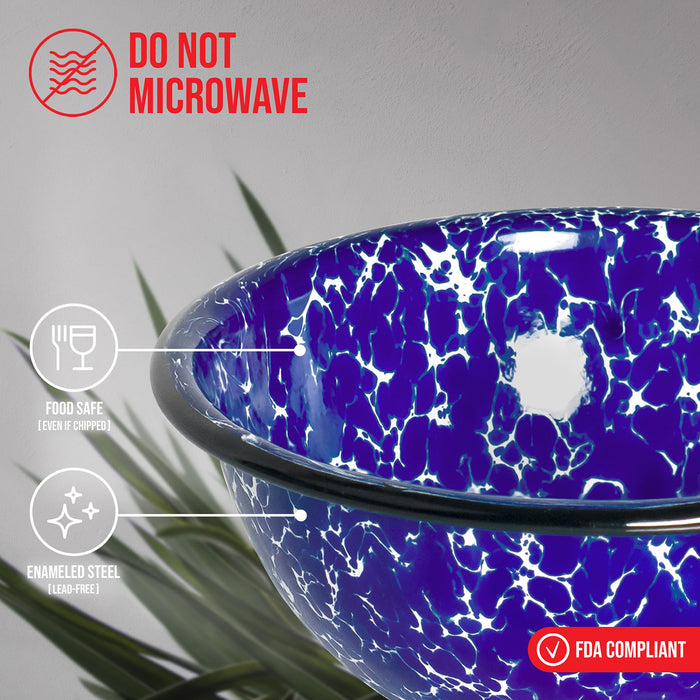 Red Co. Set of 4 Enamelware Metal Classic 20 oz Round Cereal Bowl, Navy Blue Marble/Black Rim - Splatter Design