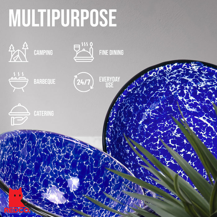 Red Co. Set of 4 Enamelware Metal Classic 20 oz Round Cereal Bowl, Navy Blue Marble/Black Rim - Splatter Design