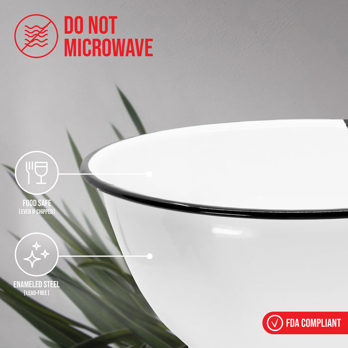 Red Co. Enamelware Large Classic 4 quart Round Salad Serving Bowl, Distressed White/Black Rim - Set of 2
