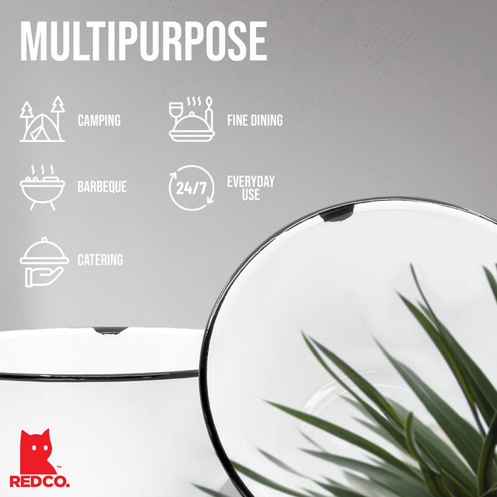 Red Co. Enamelware Large Classic 4 quart Round Salad Serving Bowl, Distressed White/Black Rim - Set of 2