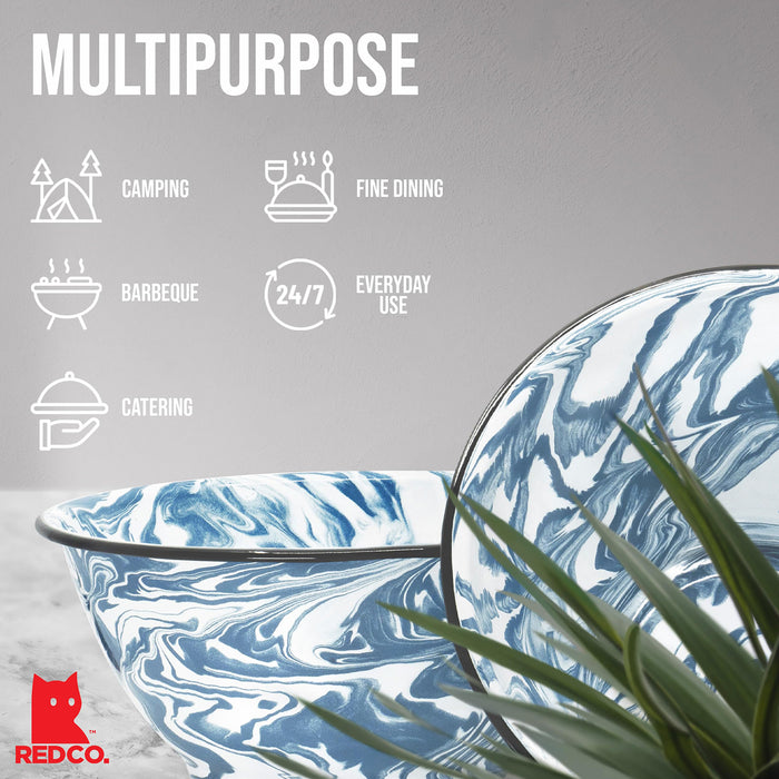 Red Co. Enamelware Large Classic 4 quart Round Salad Serving Bowl - Swirl Design - Set of 2