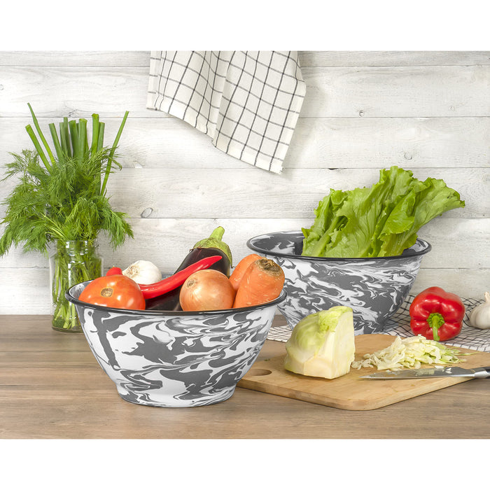 Red Co. Enamelware Large Classic 4 quart Round Salad Serving Bowl - Swirl Design - Set of 2