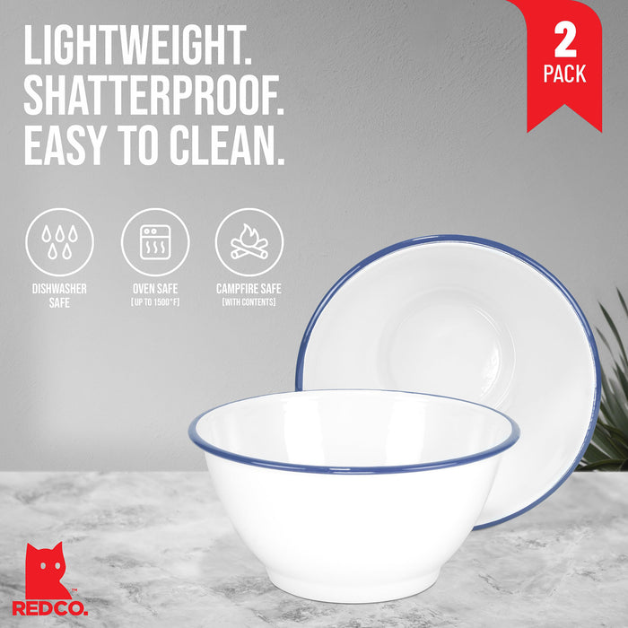Red Co. Set of 2 Enamelware Metal Large Classic 4 quart Round Salad Serving Bowl, Solid White/Color Rim