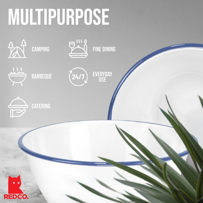 Red Co. Set of 2 Enamelware Metal Large Classic 4 quart Round Salad Serving Bowl, Solid White/Color Rim